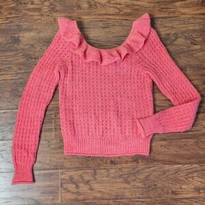 by Anthropologie Boatneck Ruffle Sweater Size S Pink Chunky Knit  Retro 80s